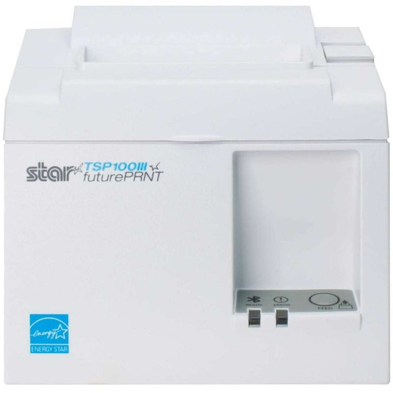 Star Micronics TSP143IIIW white thermal receipt printer with Energy Star certification and control panel visible