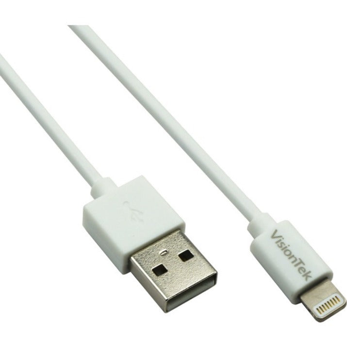 VisionTek white Lightning to USB cable showing USB-A and Lightning connectors with extended cable length