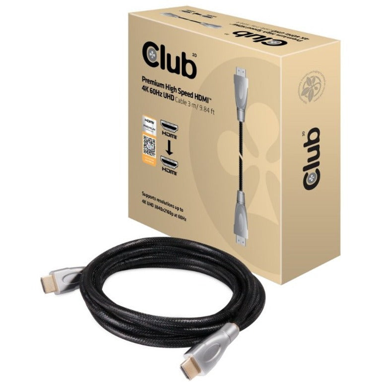 Club 3D Premium HDMI 2.0 cable retail package with product and cable displayed