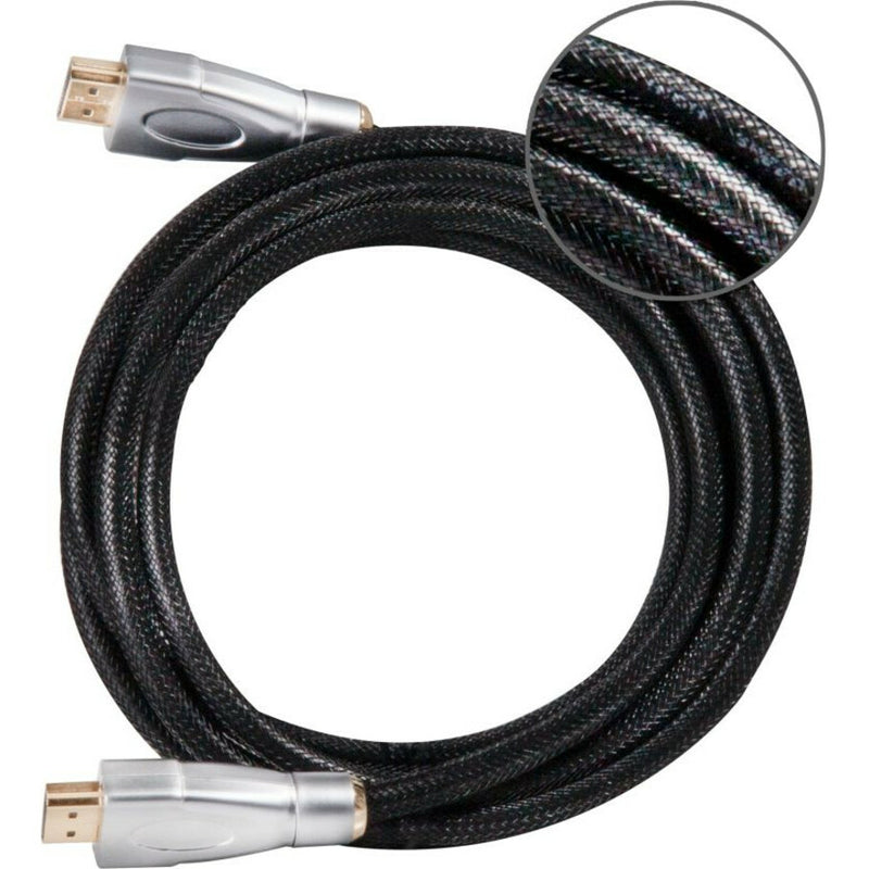 Detailed view of HDMI cable braiding with magnified section