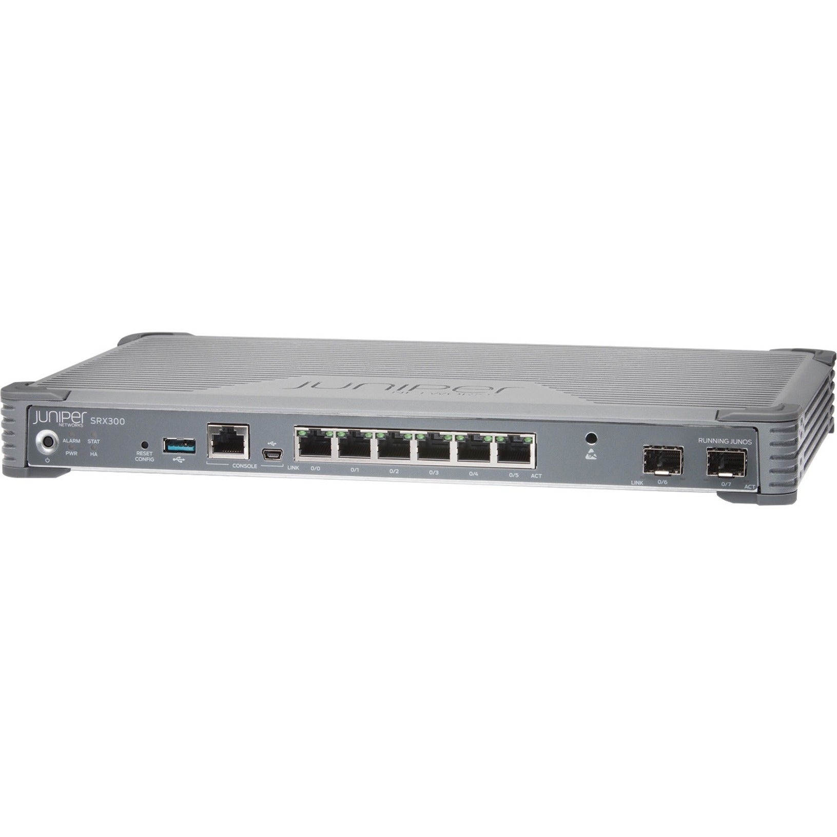 Front view of Juniper SRX300 security appliance showing multiple Ethernet ports, console port, and status indicators-alternate-image1