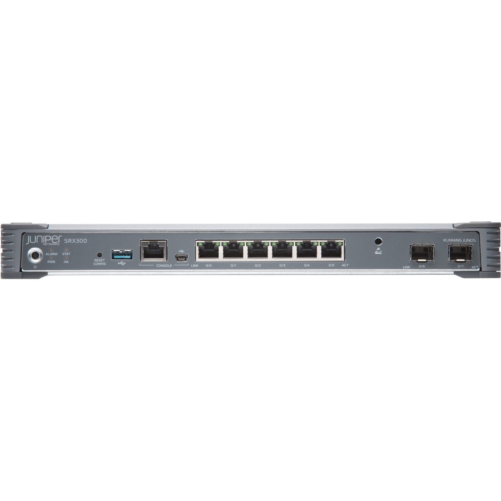 Detailed front panel view of Juniper SRX300 showing interface layout and labeling-alternate-image5