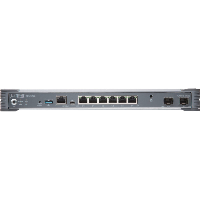 Detailed front panel view of Juniper SRX300 showing interface layout and labeling