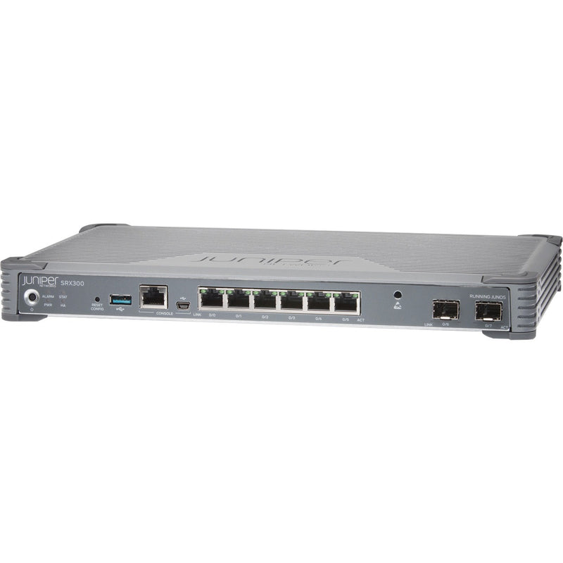 Front view of Juniper SRX300 security appliance showing multiple Ethernet ports, console port, and status indicators