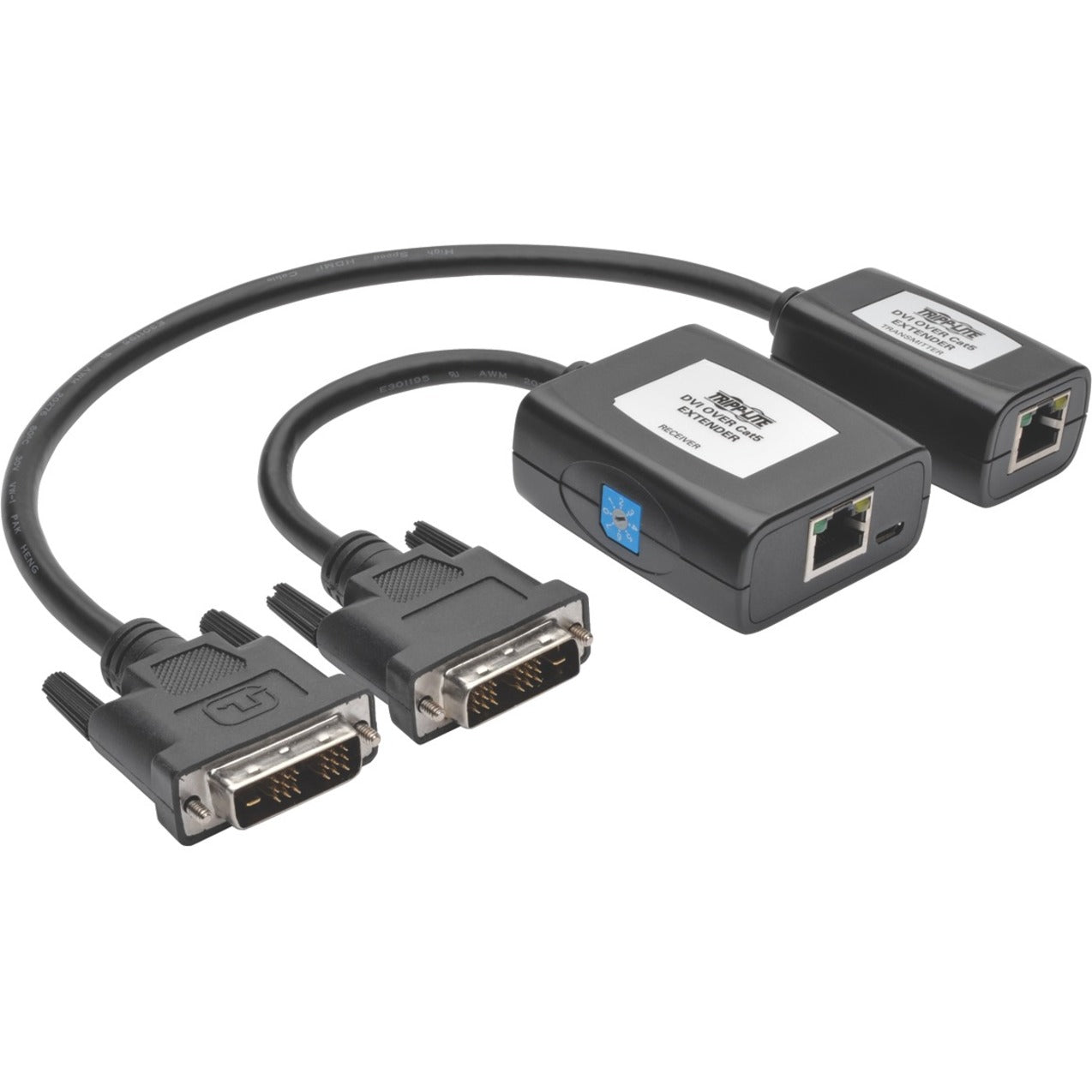 Tripp Lite B140-101X-U DVI extender kit showing transmitter and receiver units with DVI and RJ45 connections-alternate-image1