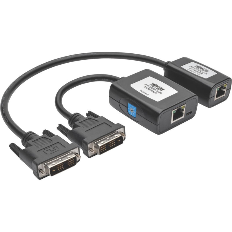 Tripp Lite B140-101X-U DVI extender kit showing transmitter and receiver units with DVI and RJ45 connections