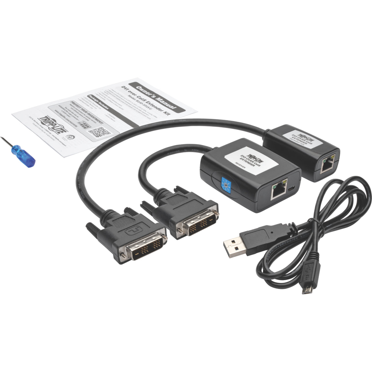 Complete contents of Tripp Lite B140-101X-U extender kit including transmitter, receiver, USB cable, and manual-alternate-image2