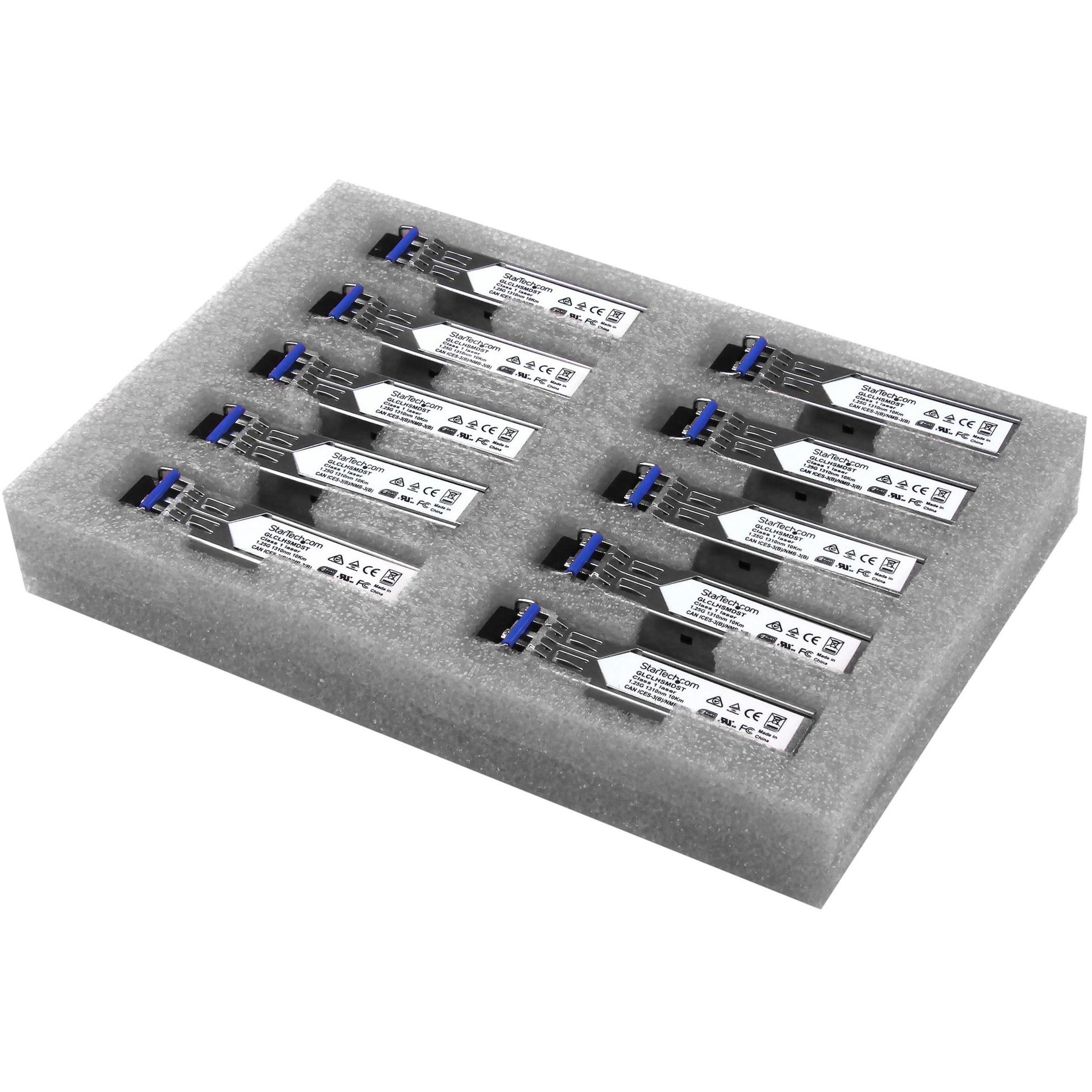 Ten StarTech.com GLC-LH-SMD compatible SFP transceiver modules arranged in protective foam packaging-alternate-image1