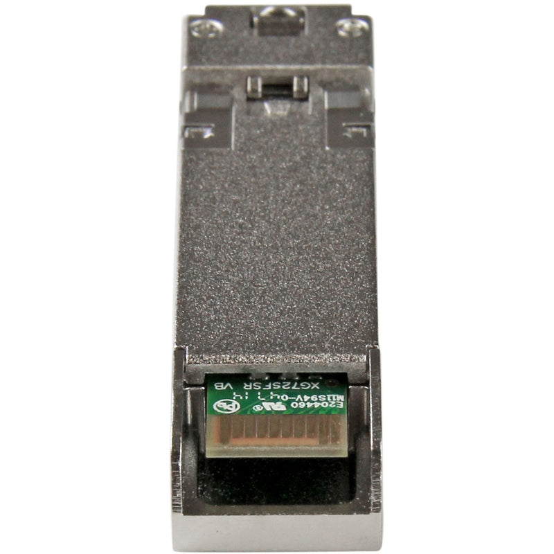 Detailed view of SFP transceiver's internal circuit board and components