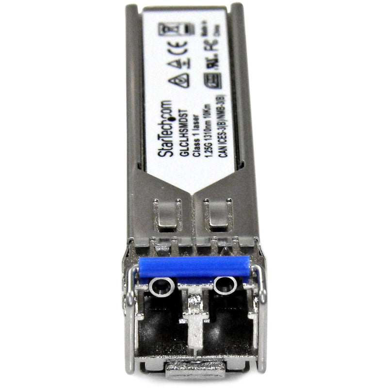 Close-up view of SFP module's LC connector interface and labeling