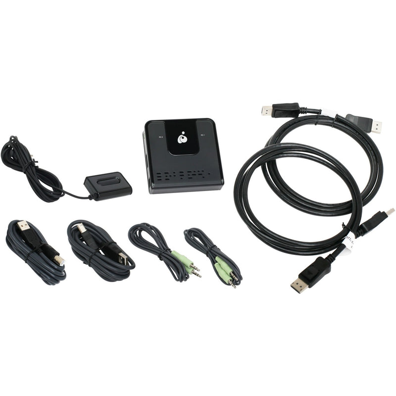 IOGEAR 2-Port DisplayPort KVM switch complete package contents including cables, remote, and main unit