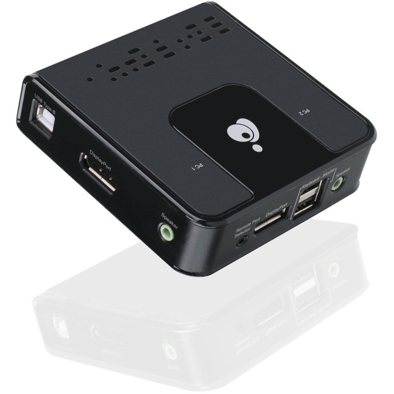 Side view of IOGEAR KVM switch showing DisplayPort, USB, and audio ports