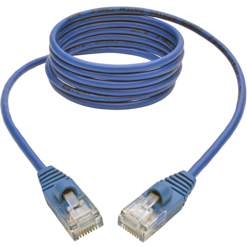 Full length view of blue slim Cat5e patch cable showing flexible design and reduced diameter