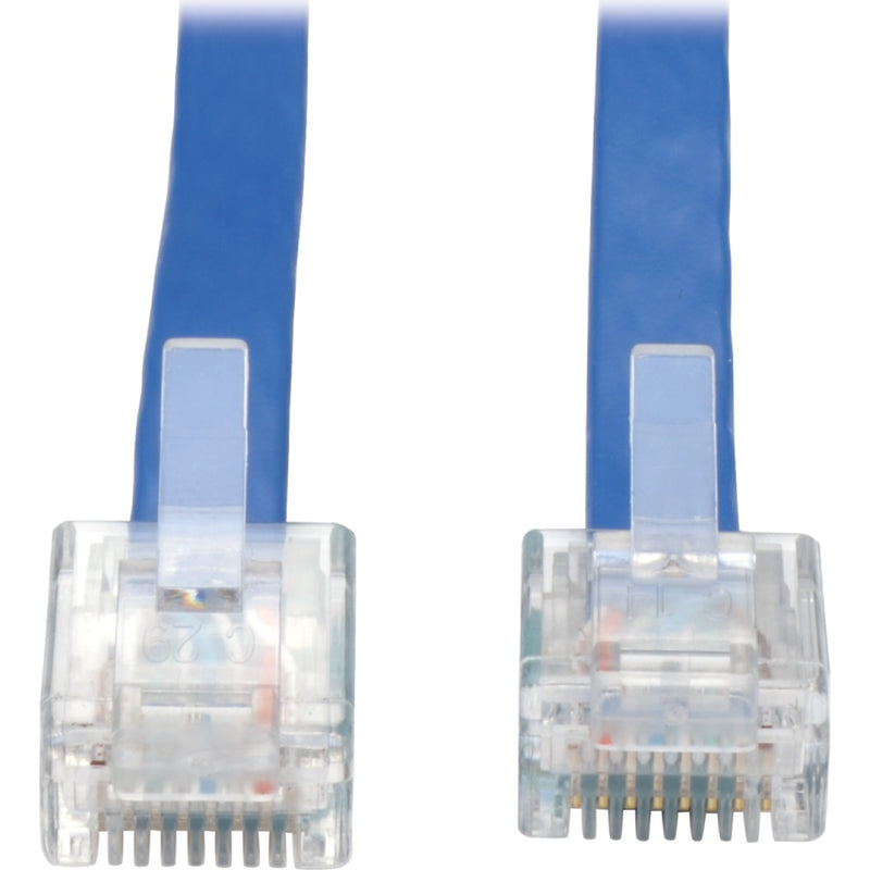 Close-up view of transparent RJ45 connectors on blue Cisco console rollover cable showing pin configuration