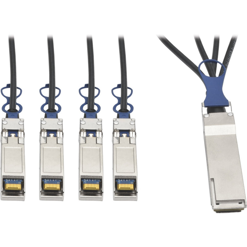 Tripp Lite N281-03M-BK QSFP+ to 4x SFP+ breakout cable showing one QSFP+ connector splitting into four SFP+ connectors with blue pull tabs