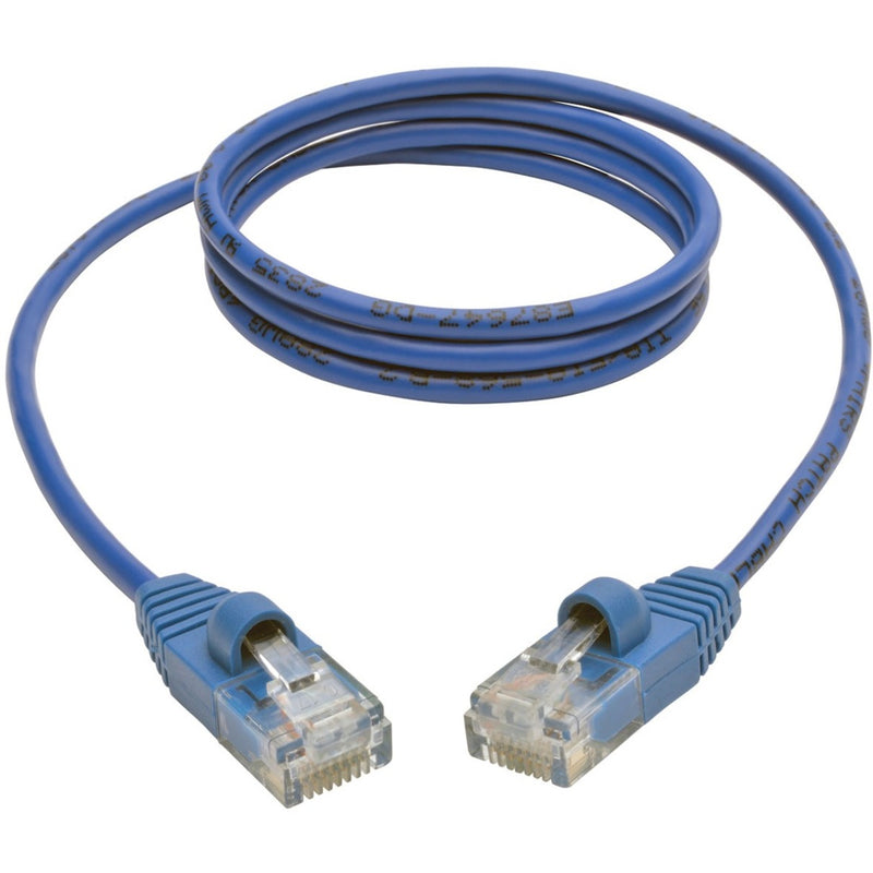 Full length view of blue slim Cat5e patch cable showing flexible design and reduced diameter