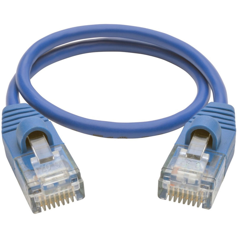 Full length view of blue slim Cat5e patch cable with snagless connectors showing compact design