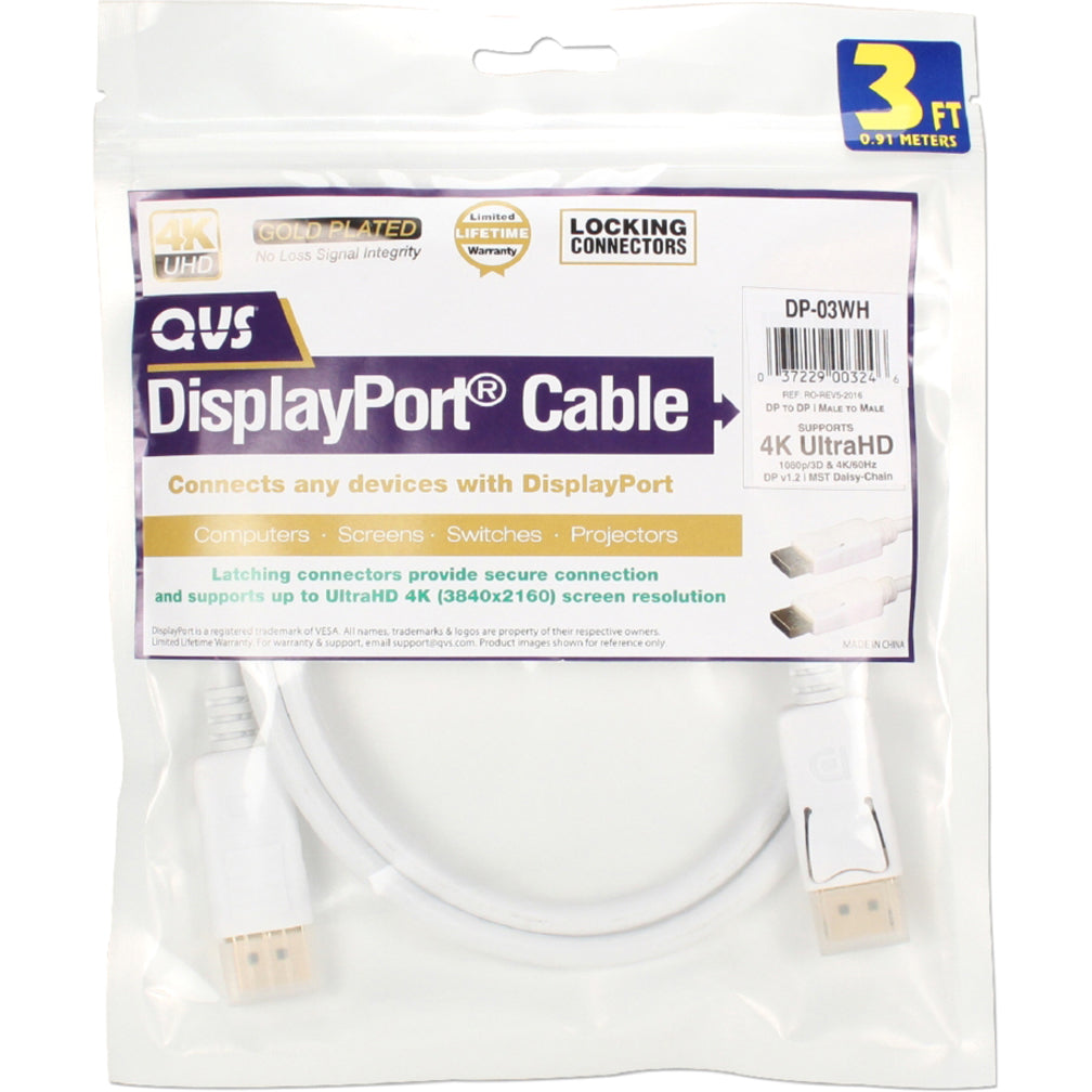 QVS DP-06WH 6ft DisplayPort Cable, UltraHD 4K, White, Locking Latch