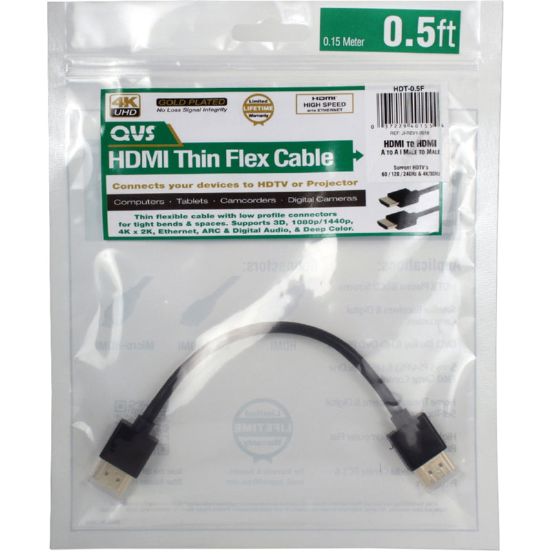 QVS HDMI cable retail packaging showing product specifications and 0.5ft cable length