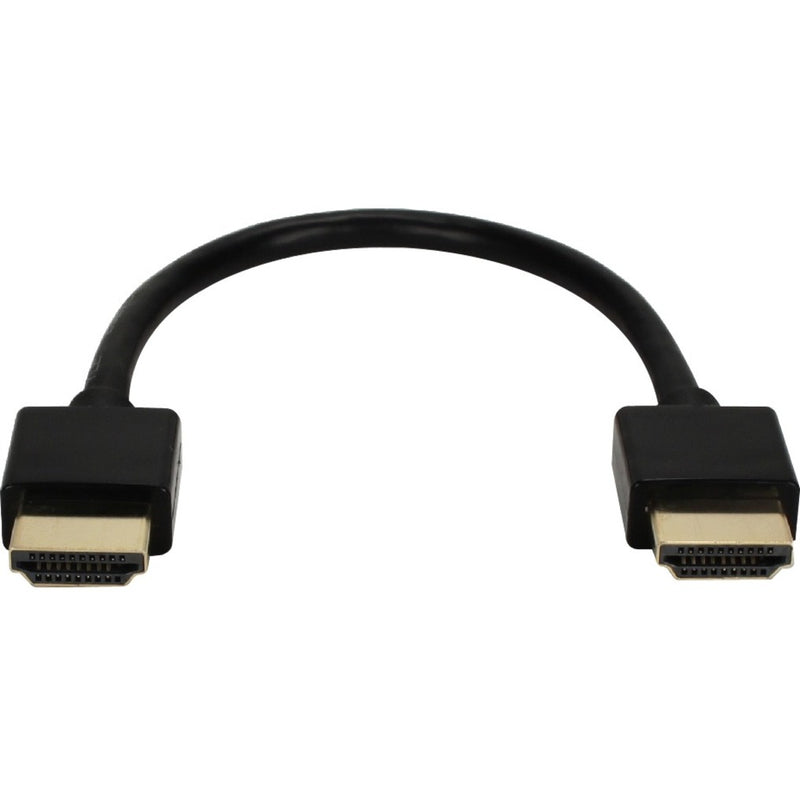 Curved view of QVS HDMI cable showing flexible design and both connectors