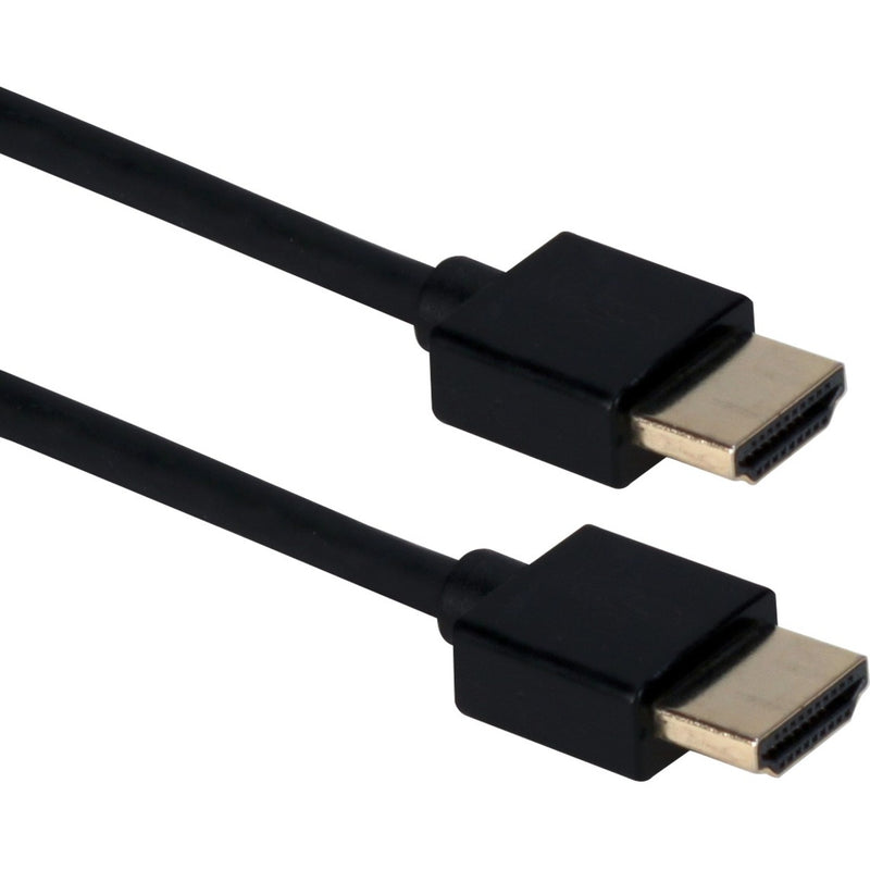 Close-up view of QVS HDMI cable connectors showing gold-plated terminals and slim black cable design