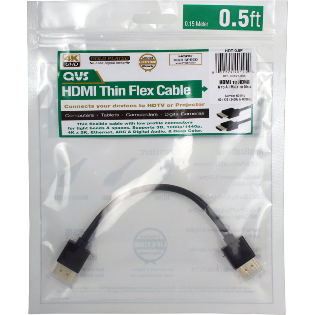 QVS HDT-6F 6ft Haute Vitesse HDMI UltraHD 4K avec Ethernet Câble Mince Flexible Résistant à la Corrosion Plaqué Or