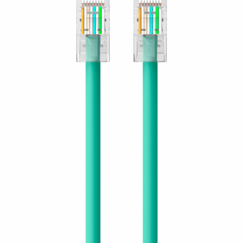 Detailed view of Belkin CAT6 cable's color-coded wire arrangement and strain relief design