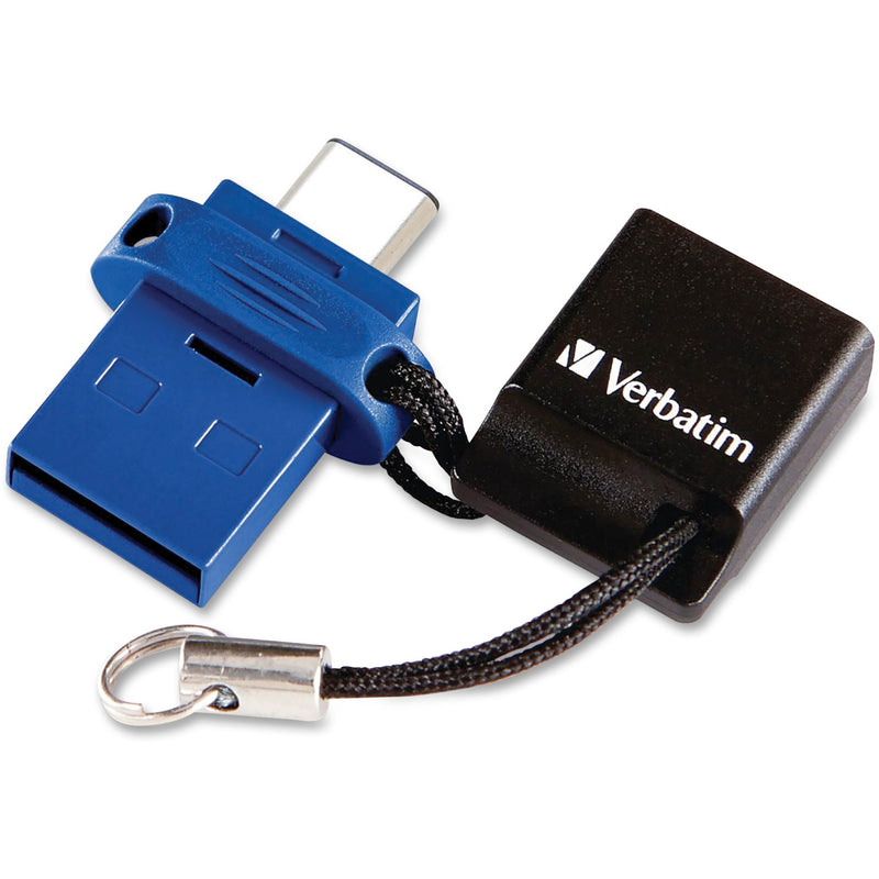 Microban dual USB flash drive with blue USB-A connector and black USB-C connector with lanyard