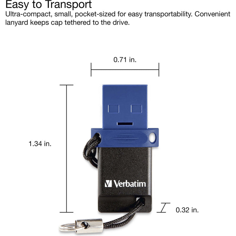 Dimensional diagram showing the compact size of the Verbatim dual USB drive