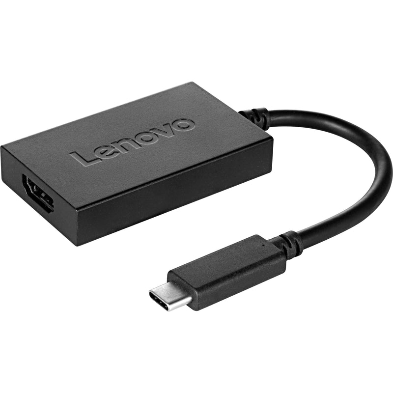 Lenovo USB-C to HDMI adapter showing HDMI port and USB-C connector with black housing