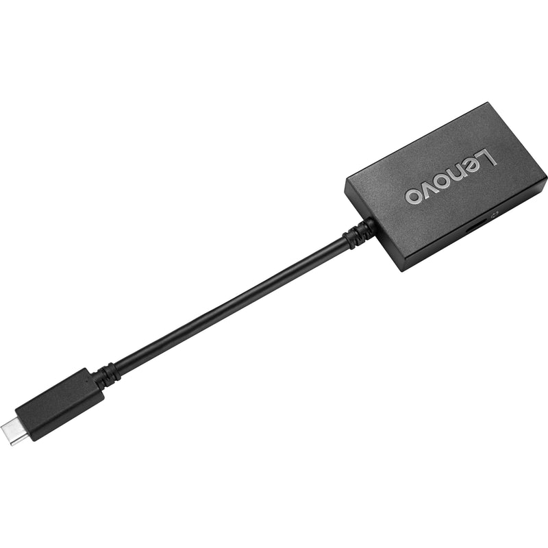 Angled view of Lenovo USB-C to HDMI adapter showing cable flexibility and connector positioning