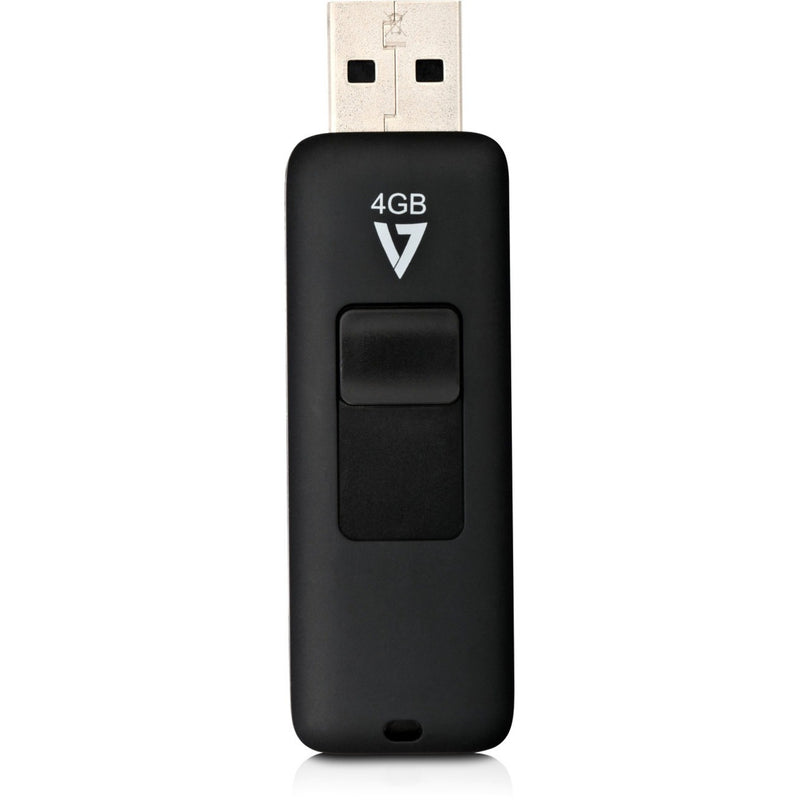 Front view of V7 4GB USB drive showing V7 logo and sliding mechanism detail