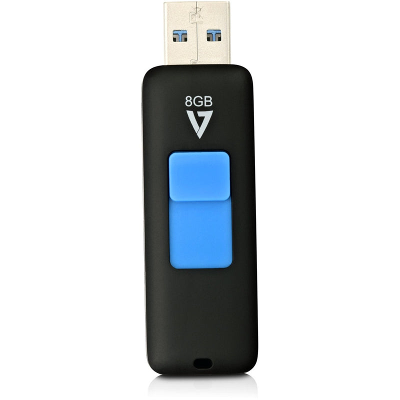 Full-length view of V7 8GB USB flash drive showing retractable mechanism and USB connector