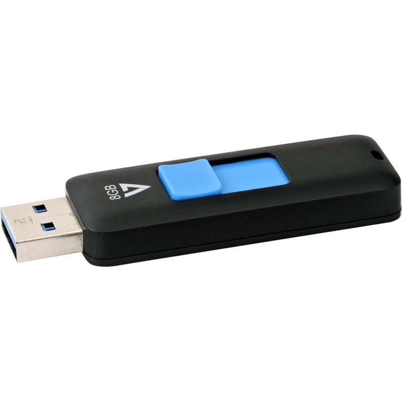 V7 8GB USB 3.0 flash drive with black casing and blue retractable slider shown in side view