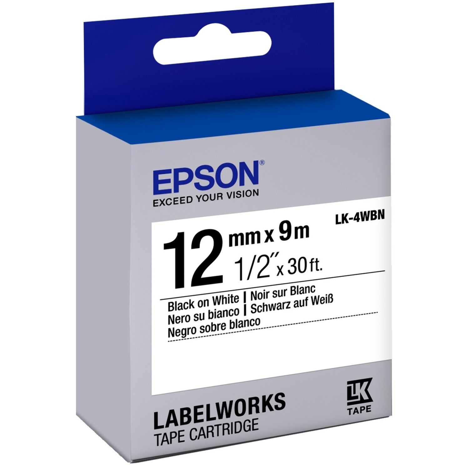Epson LK-4WBN LabelWorks Standard -tarrakasetti ~1/2" Musta valkoisella Helppo kuoria