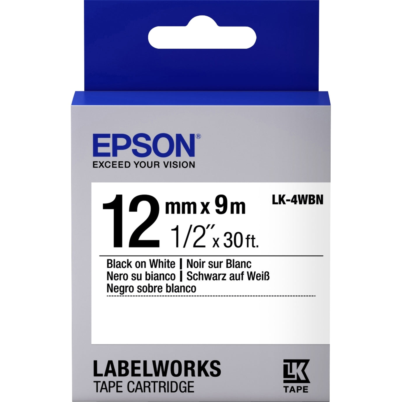 Epson LK-4WBN LabelWorks Standard -tarrakasetti ~1/2" Musta valkoisella Helppo kuoria