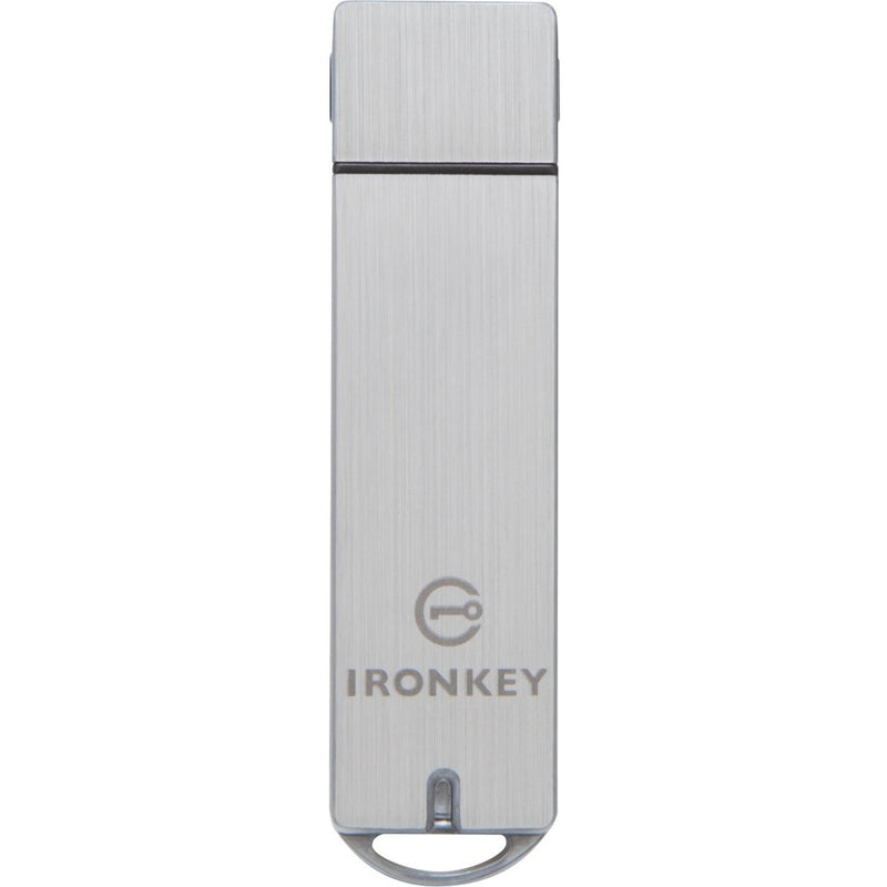 Close-up of IronKey logo and branding on aluminum USB drive