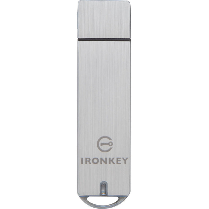 Close-up of IronKey logo and branding on aluminum USB drive surface