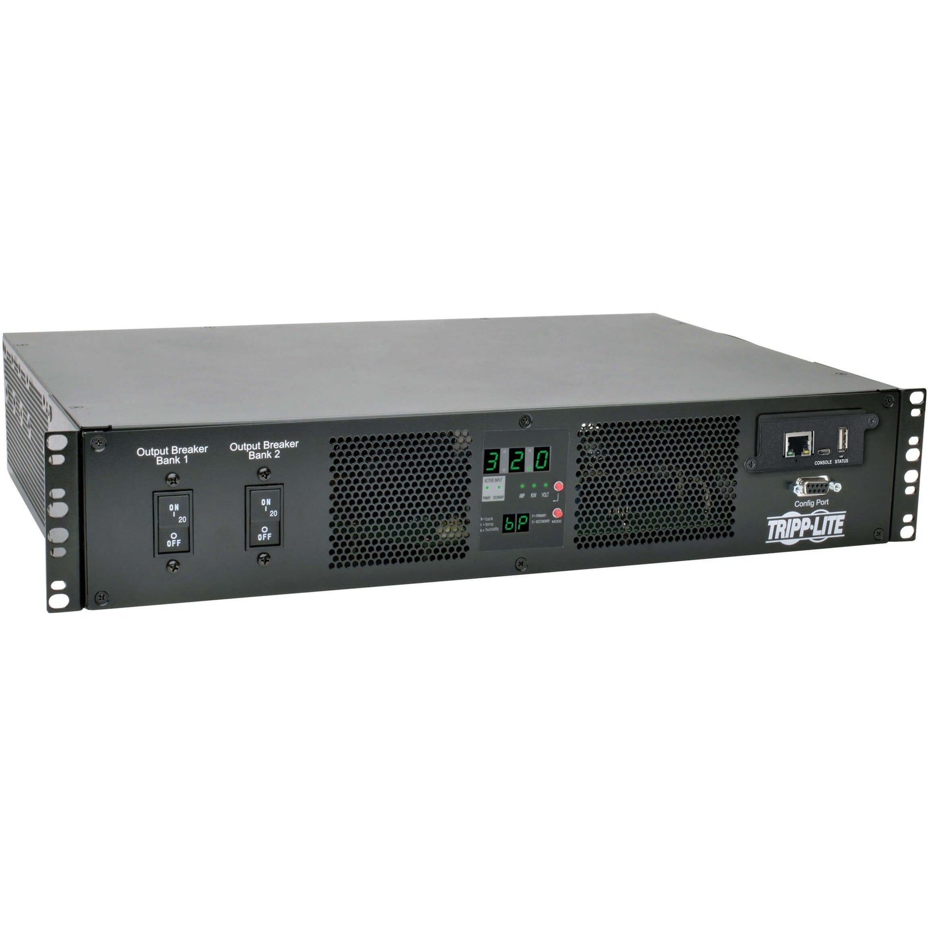 Front view of Tripp Lite PDUMH32HVATNET PDU showing dual breaker banks, LED display, and network ports-alternate-image1