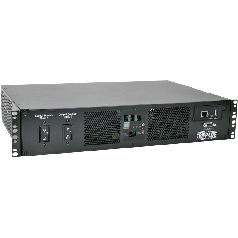 Front view of Tripp Lite PDUMH32HVATNET PDU showing dual breaker banks, LED display, and network ports