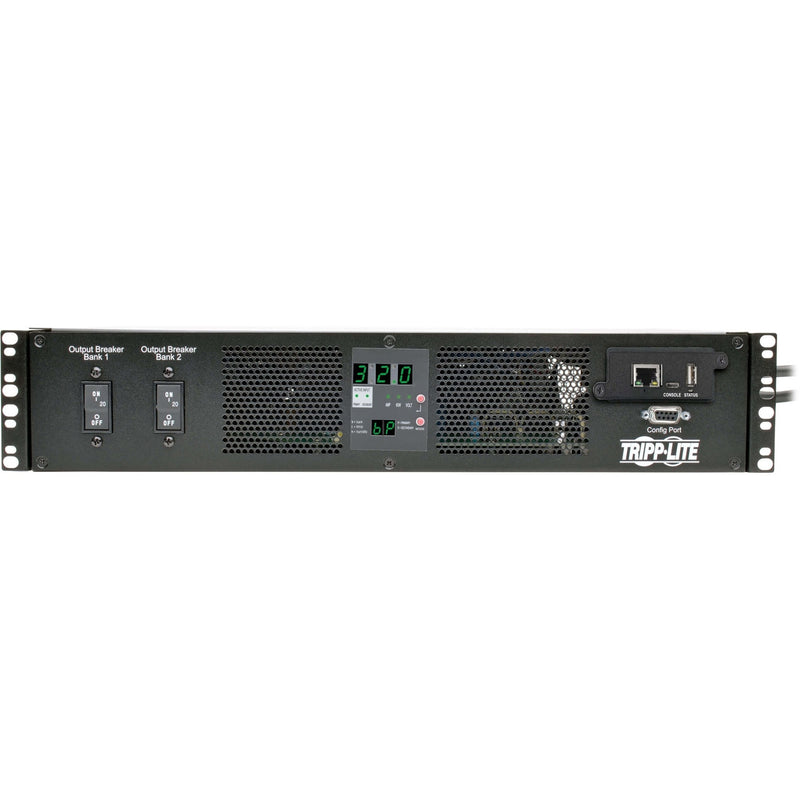 Side angle view of Tripp Lite PDU showing network ports and ventilation system