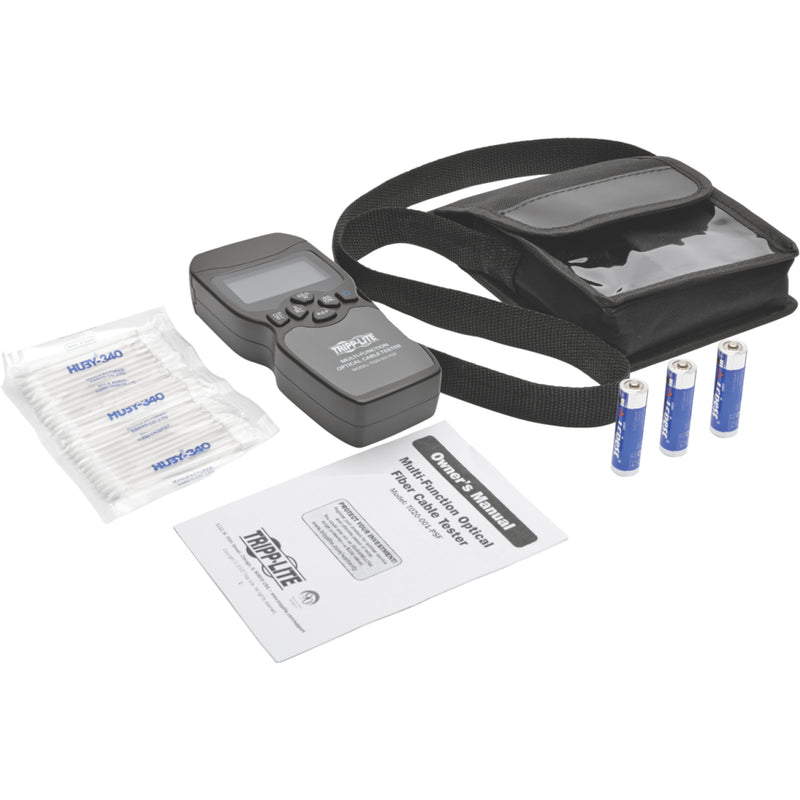 Complete kit contents of the T020-001-PSF including tester, carrying case, batteries, cleaning supplies, and manual