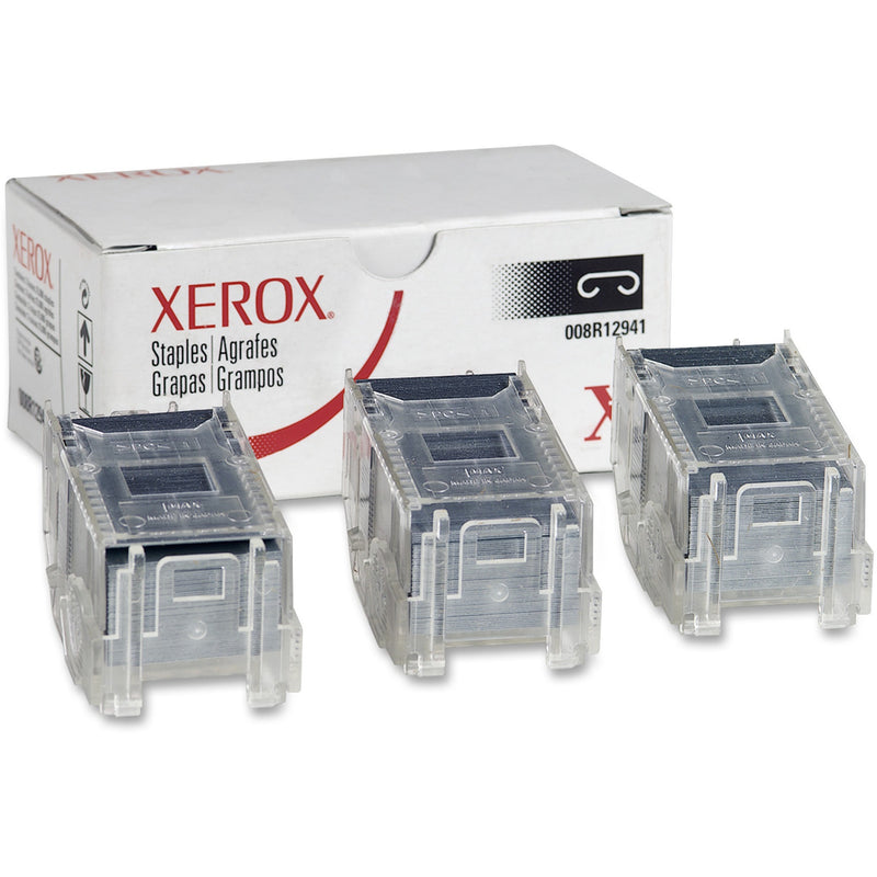 Three transparent Xerox staple cartridges (008R12941) containing 5,000 staples each, shown alongside product packaging