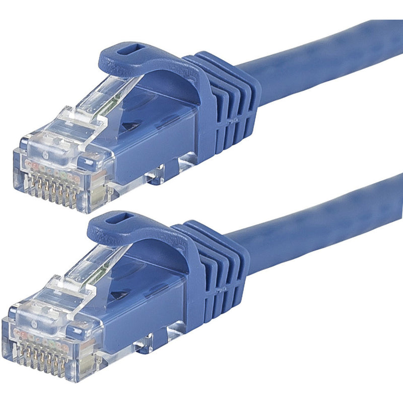 Close-up of blue ethernet cable RJ-45 connectors showing FLEXboot design and gold-plated contacts