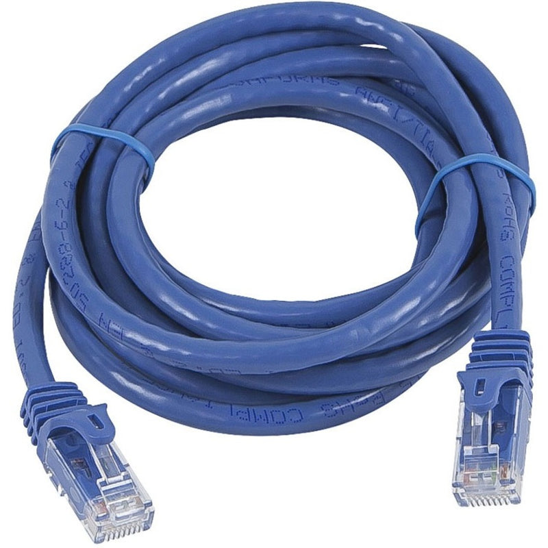 Blue Cat5e ethernet cable coiled showing full length with RJ-45 connectors on both ends