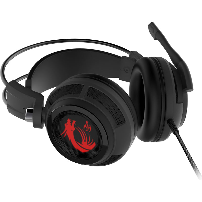 Side profile of MSI DS502 gaming headset displaying red dragon logo and ear cup design