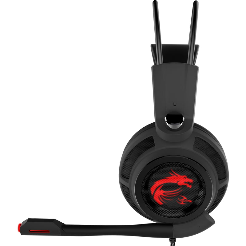 Close-up of MSI DS502 gaming headset microphone and side profile