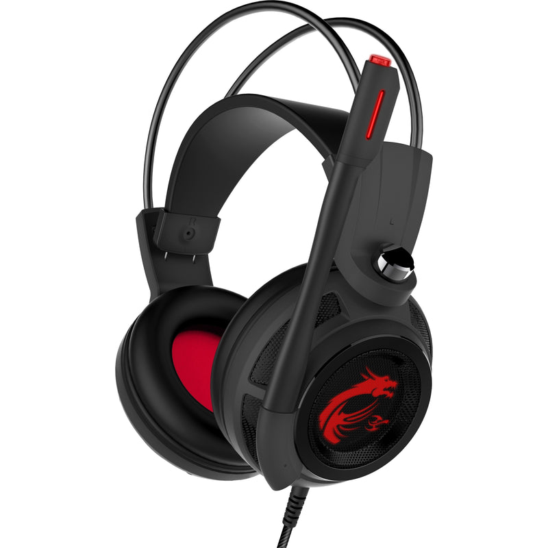 MSI DS502 gaming headset in black with red dragon logo on earcups and adjustable microphone