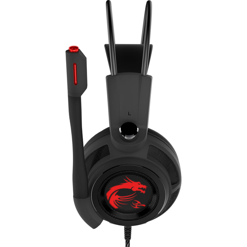 Detailed view of MSI DS502 gaming headset controls and logo design