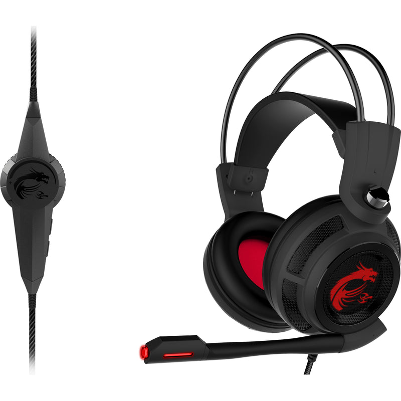 Full view of MSI DS502 gaming headset with inline control unit and cable